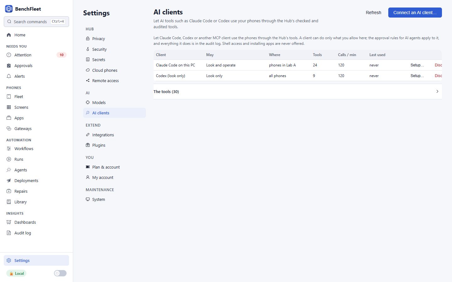 The AI clients settings page, where each client gets only the phones and the access level you choose