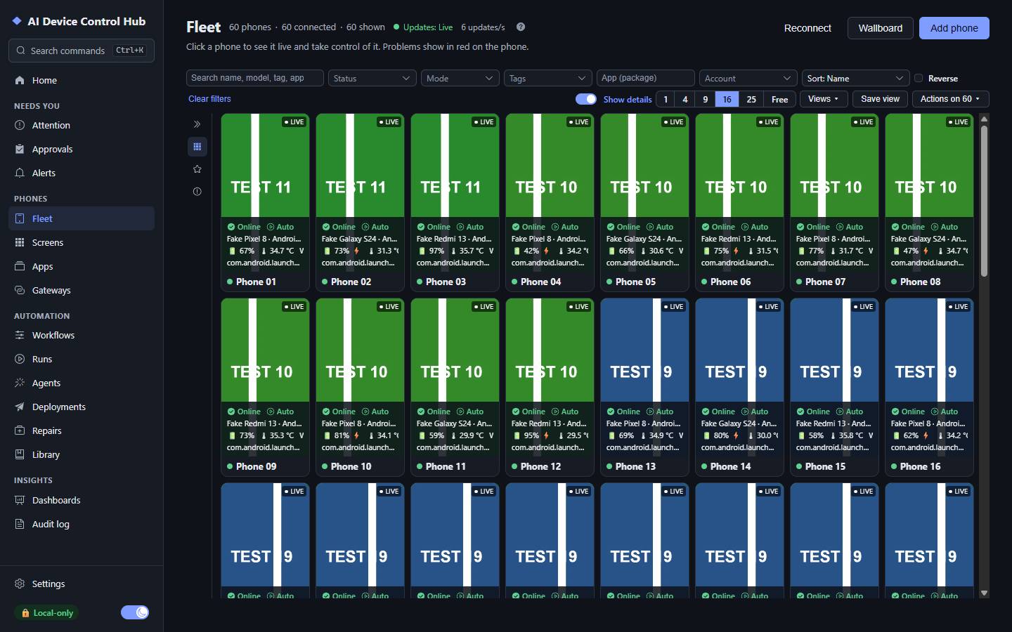 The Fleet page with details on: each phone tile shows its screen, status, battery, temperature and app