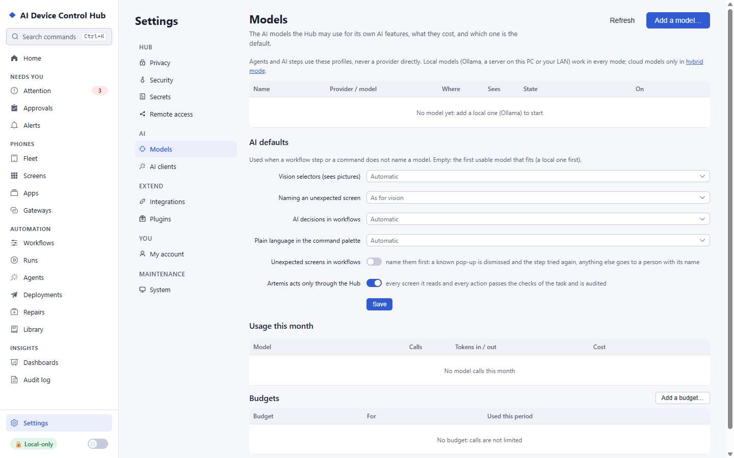 The Models settings page: models, which one each AI feature uses, usage this month and budgets