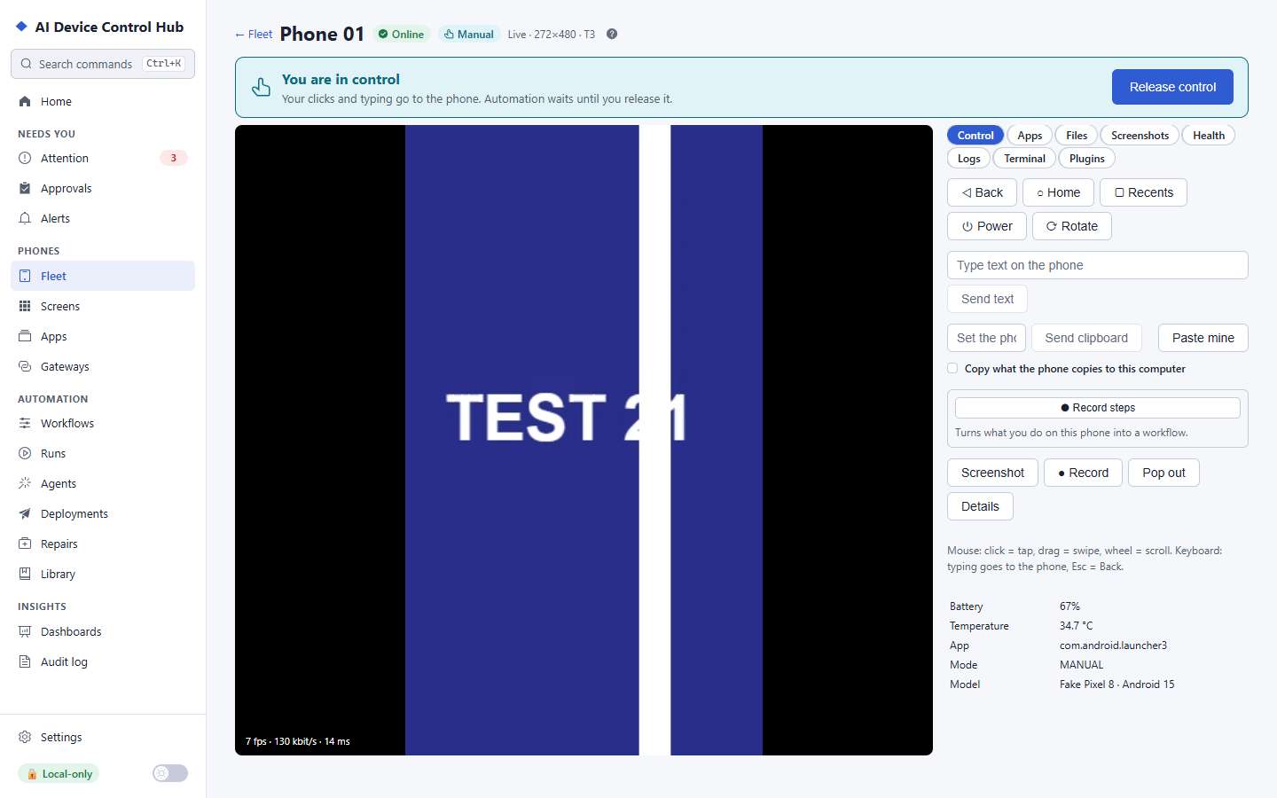 A phone page with its live screen and tabs for files, apps and logs