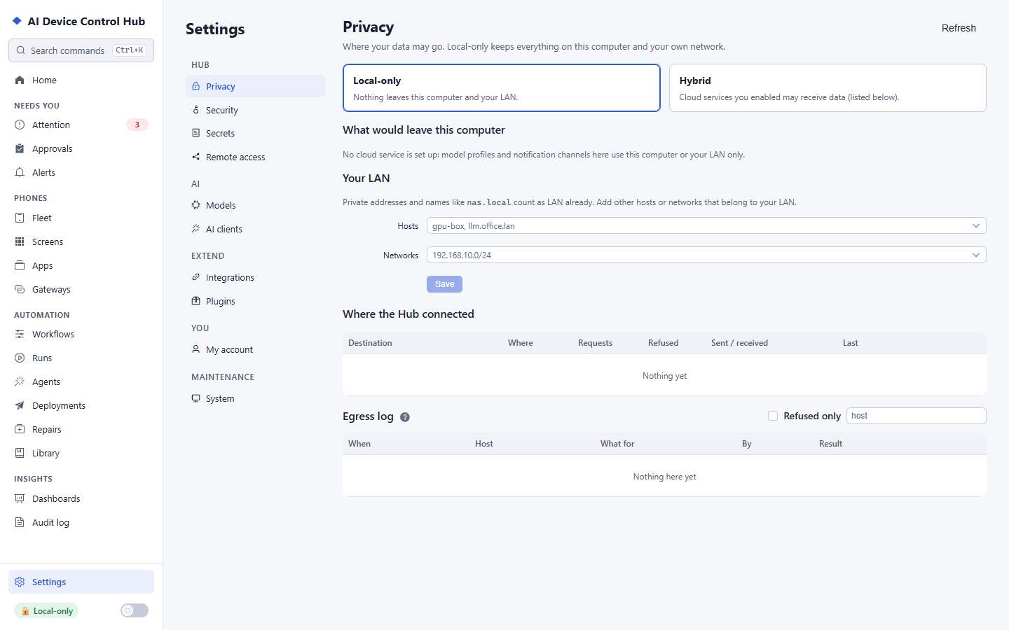 The Privacy settings page: local-only or hybrid, what would leave the computer, and the log of every connection