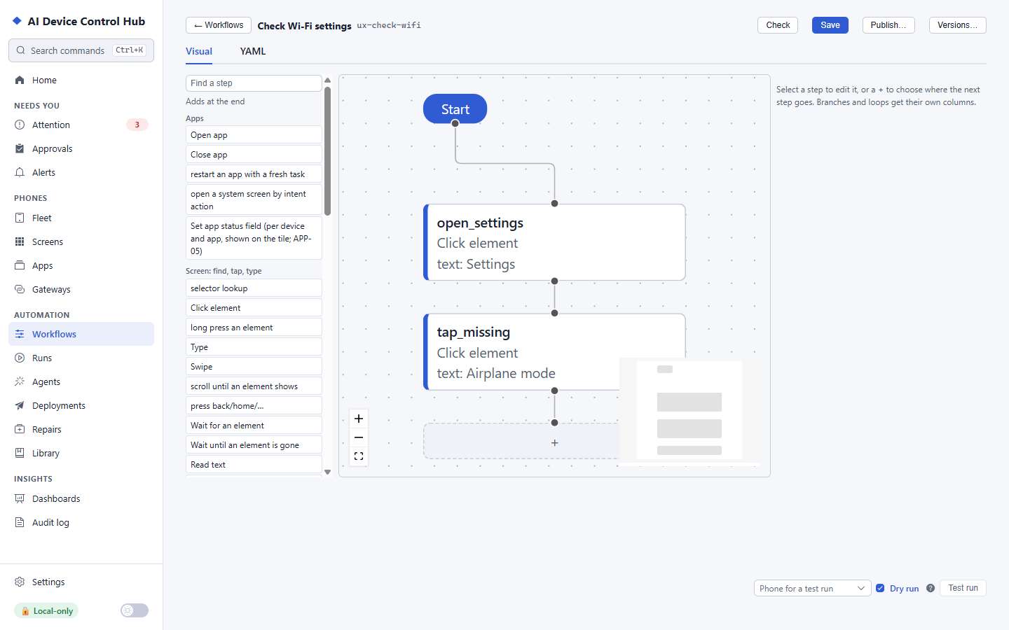 The workflow editor with steps as connected boxes